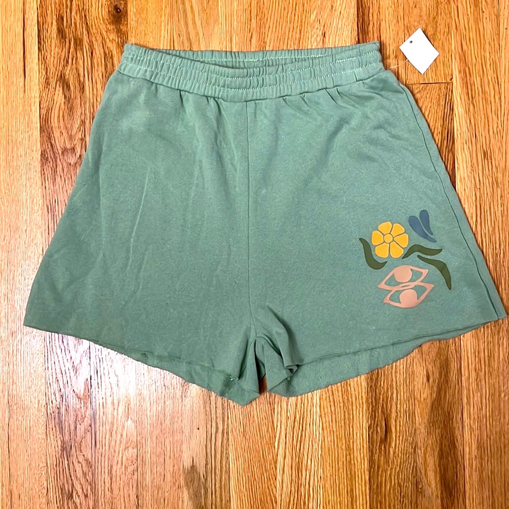 desert Dreamer small green shorts with flower eyes print raw edge NWT